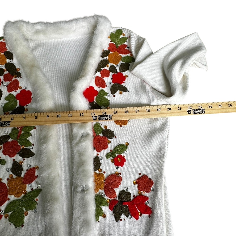 Fall Leaf Embellished Cardigan Jacket Faux Fur‎ Trim Appliqué Beaded Ivory M-L - Picture 16 of 16